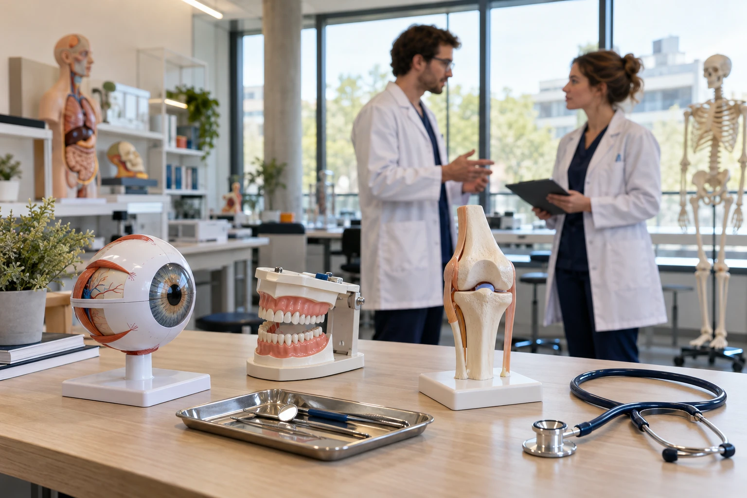 Illustrative specialty learning scene with clinicians and anatomical teaching models.
